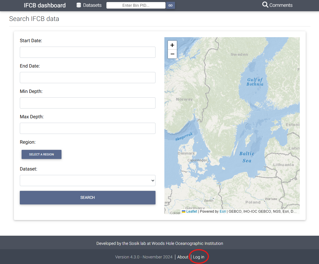 IFCB dashboard landing page — Log in link circled