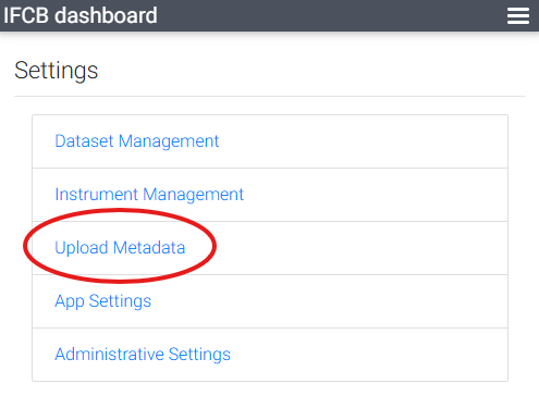 Settings panel — Upload Metadata option circled