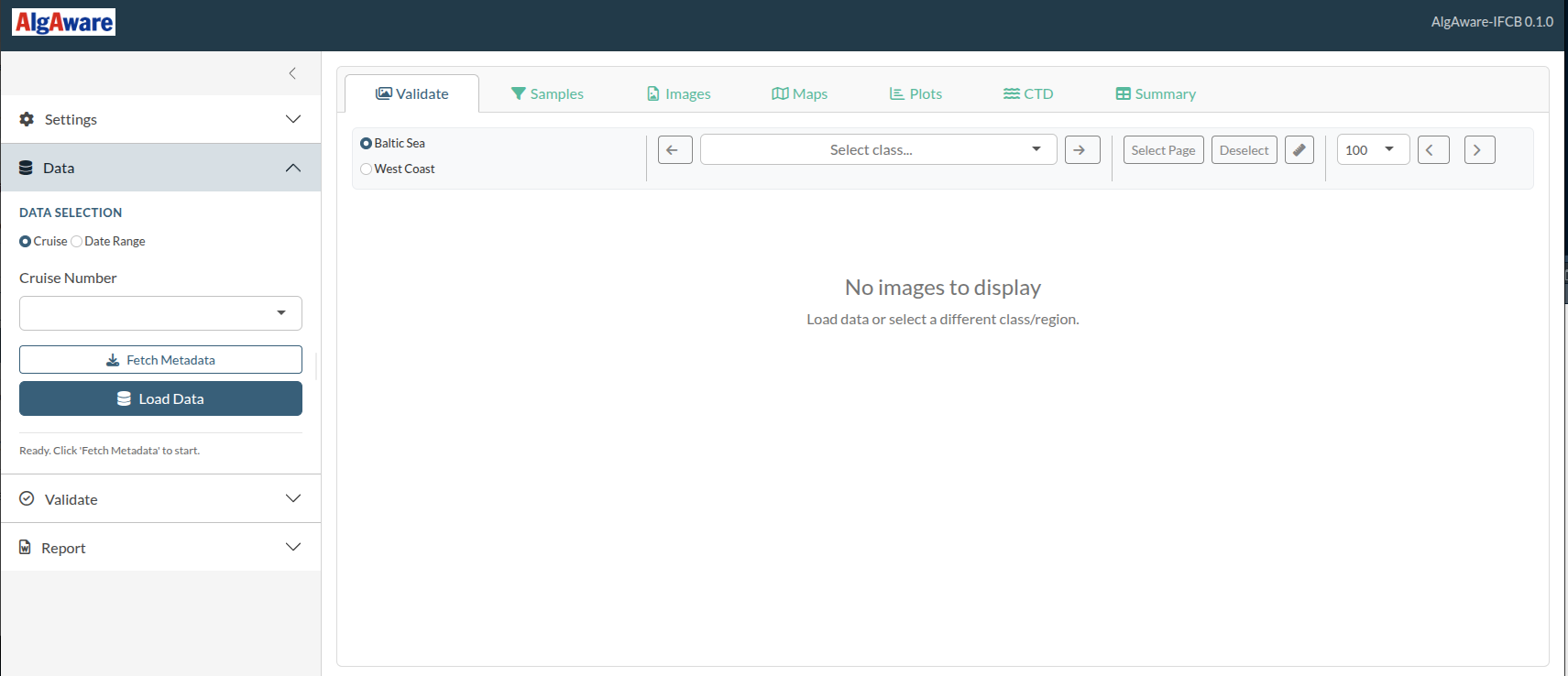 AlgAware-IFCB main window on first launch