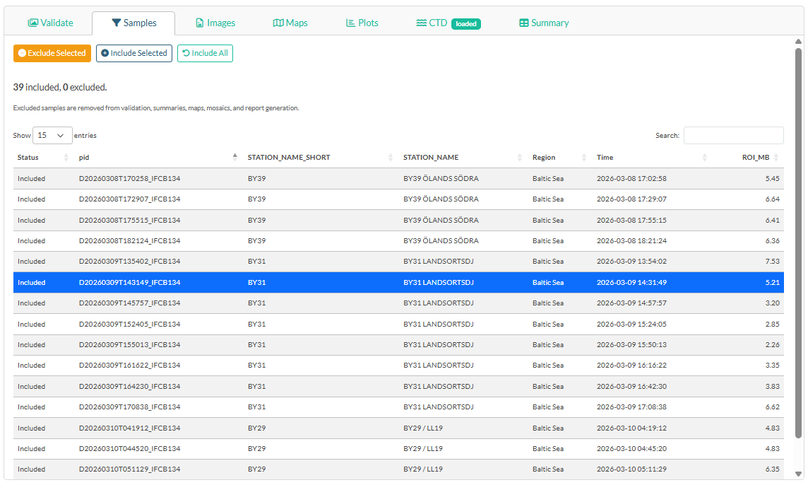Samples tab with the exclusion table